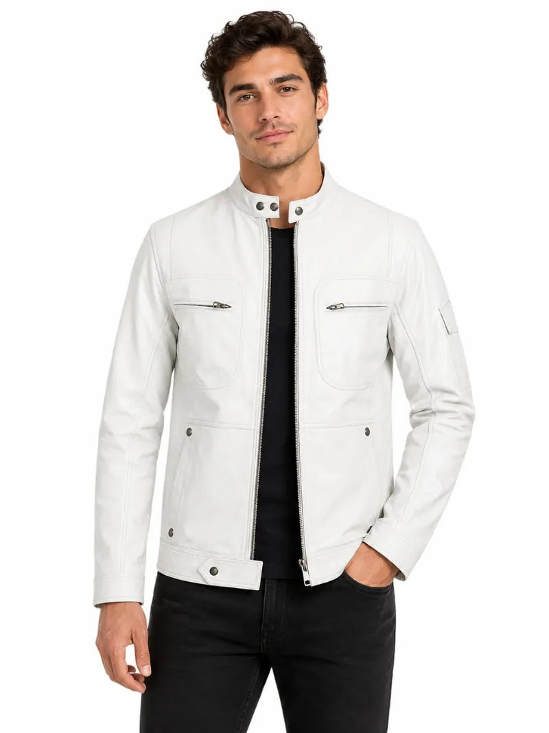 Men’s White Leather Jacket with Snap Collar Full 