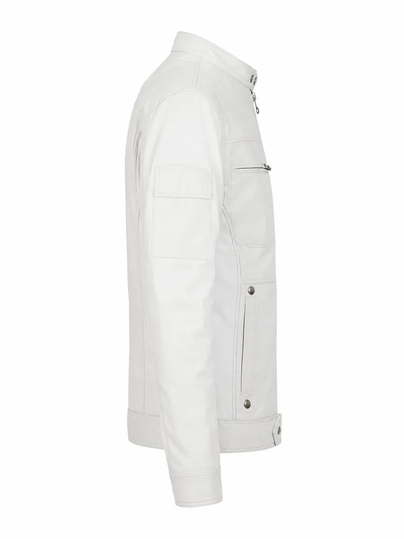 Men’s White Leather Jacket with Snap Collar Right 