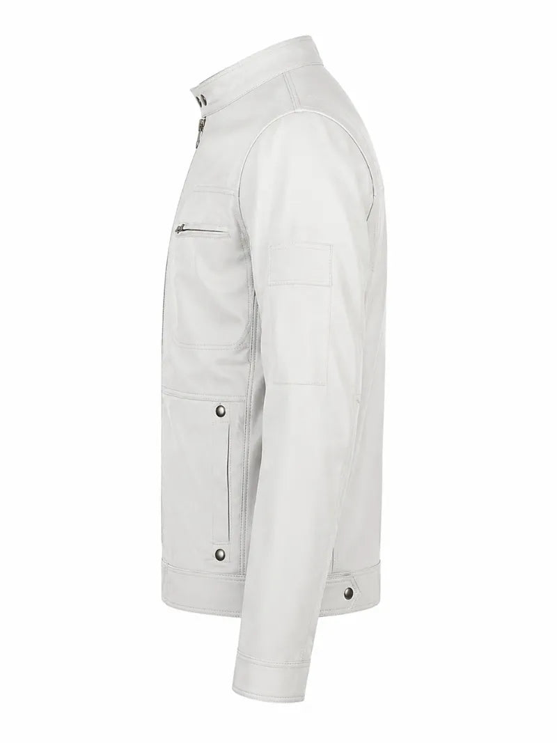 Men’s White Leather Jacket with Snap Collar Left 