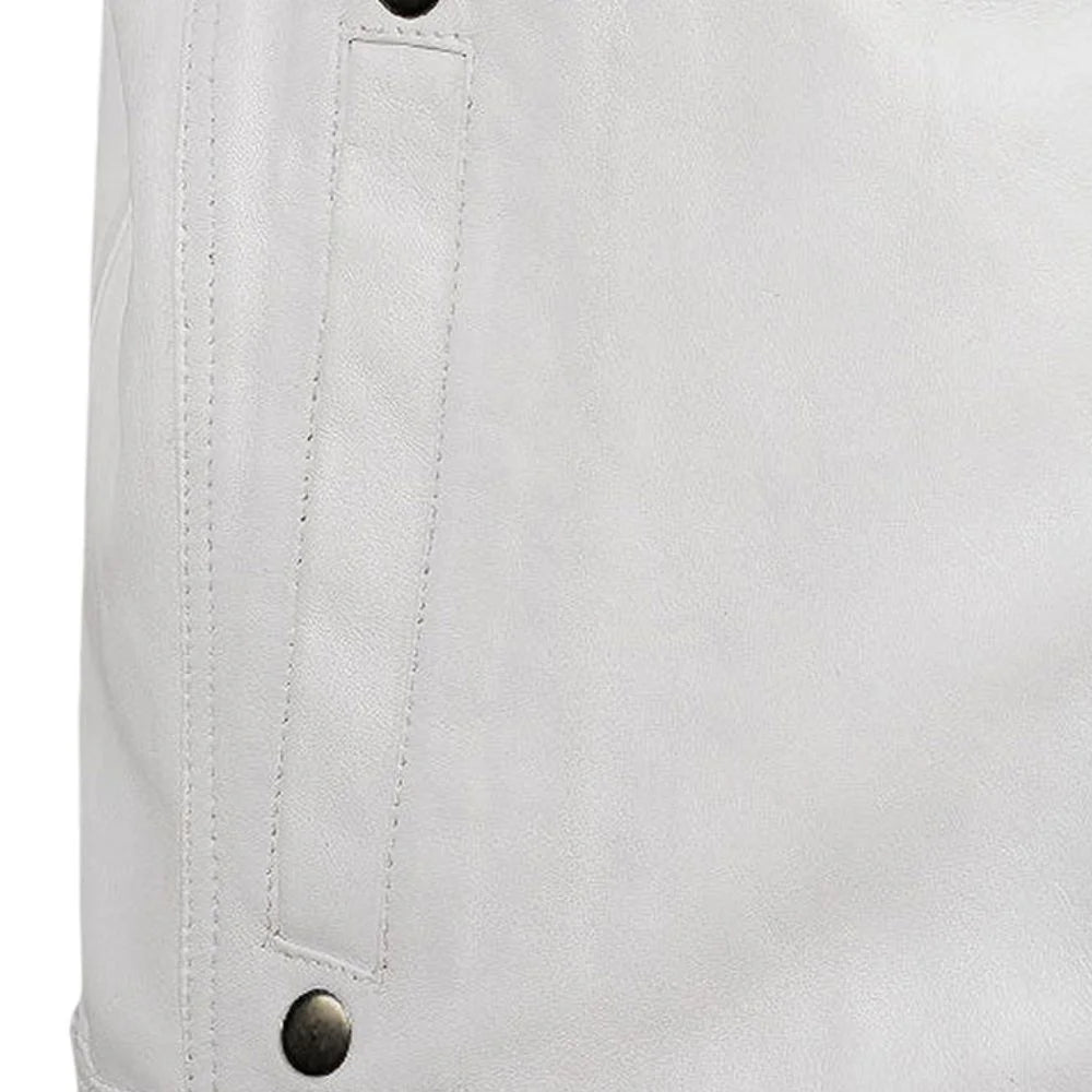 Men’s White Leather Jacket with Snap Collar