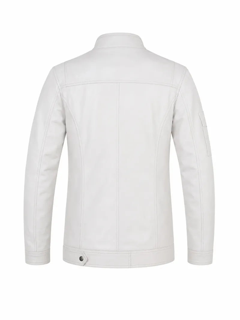 Men’s White Leather Jacket with Snap Collar Back 