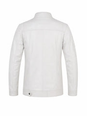Men’s White Leather Jacket with Snap Collar Back 