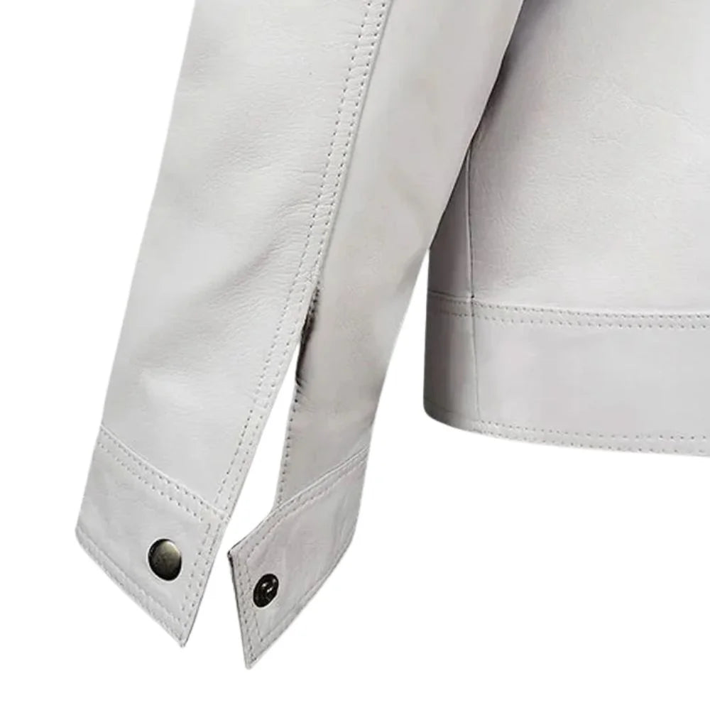 Men’s White Leather Jacket with Snap Collar