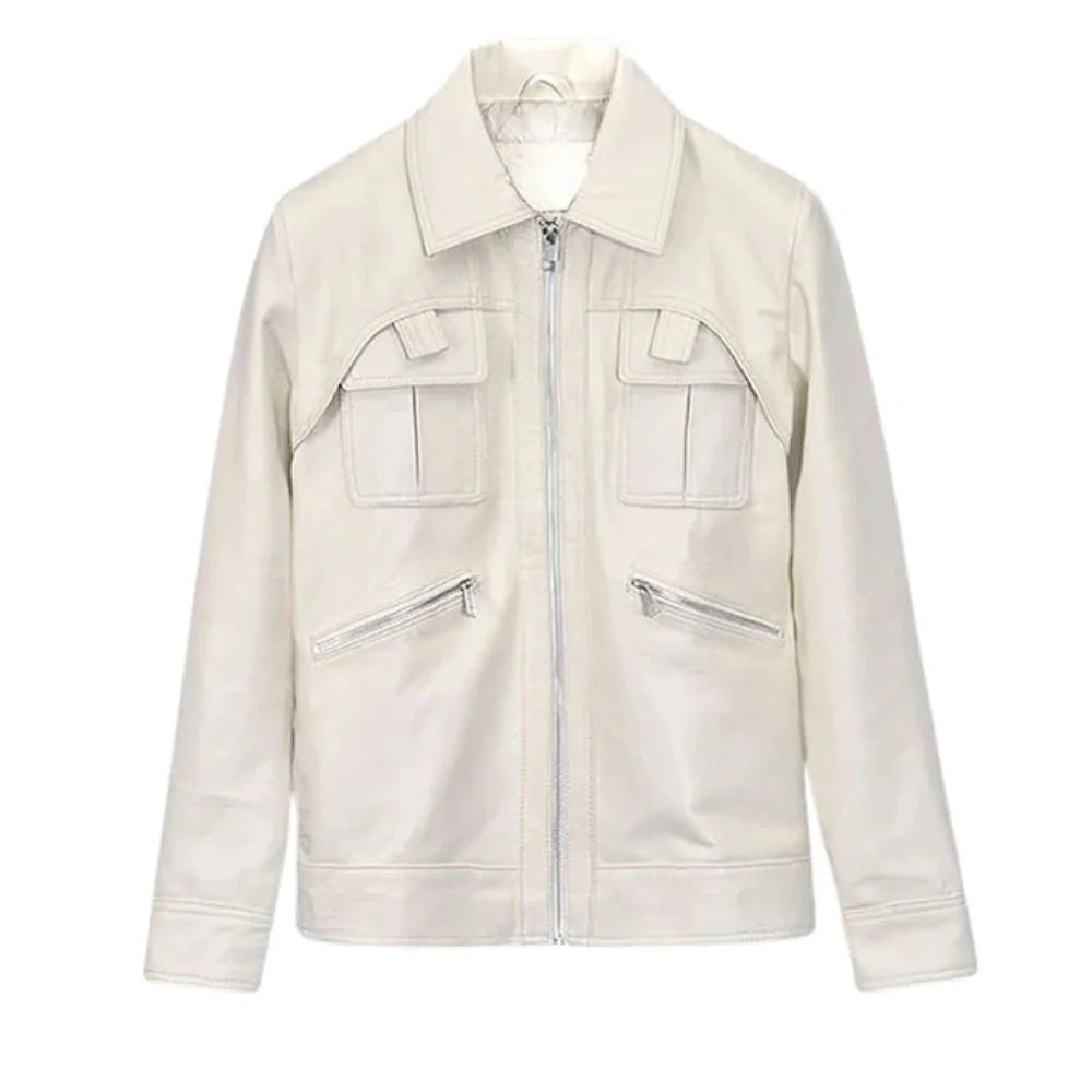 Men’s White Multi-Pocket Leather Jacket