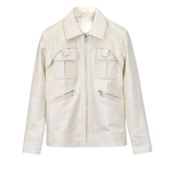 Men’s White Multi-Pocket Leather Jacket