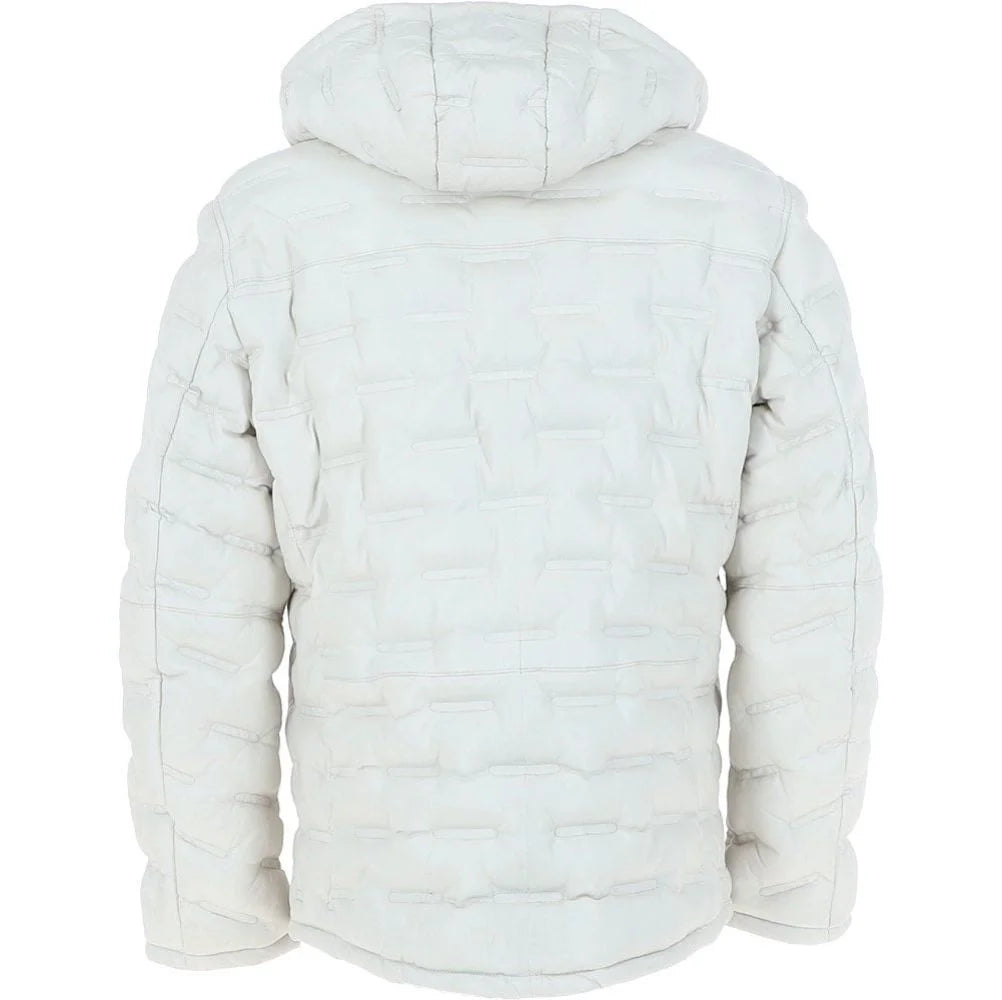 Men's White Quilted Leather Hooded Jacket