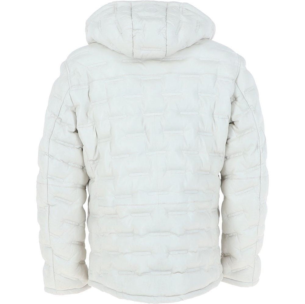 Men's White Quilted Leather Hooded Jacket