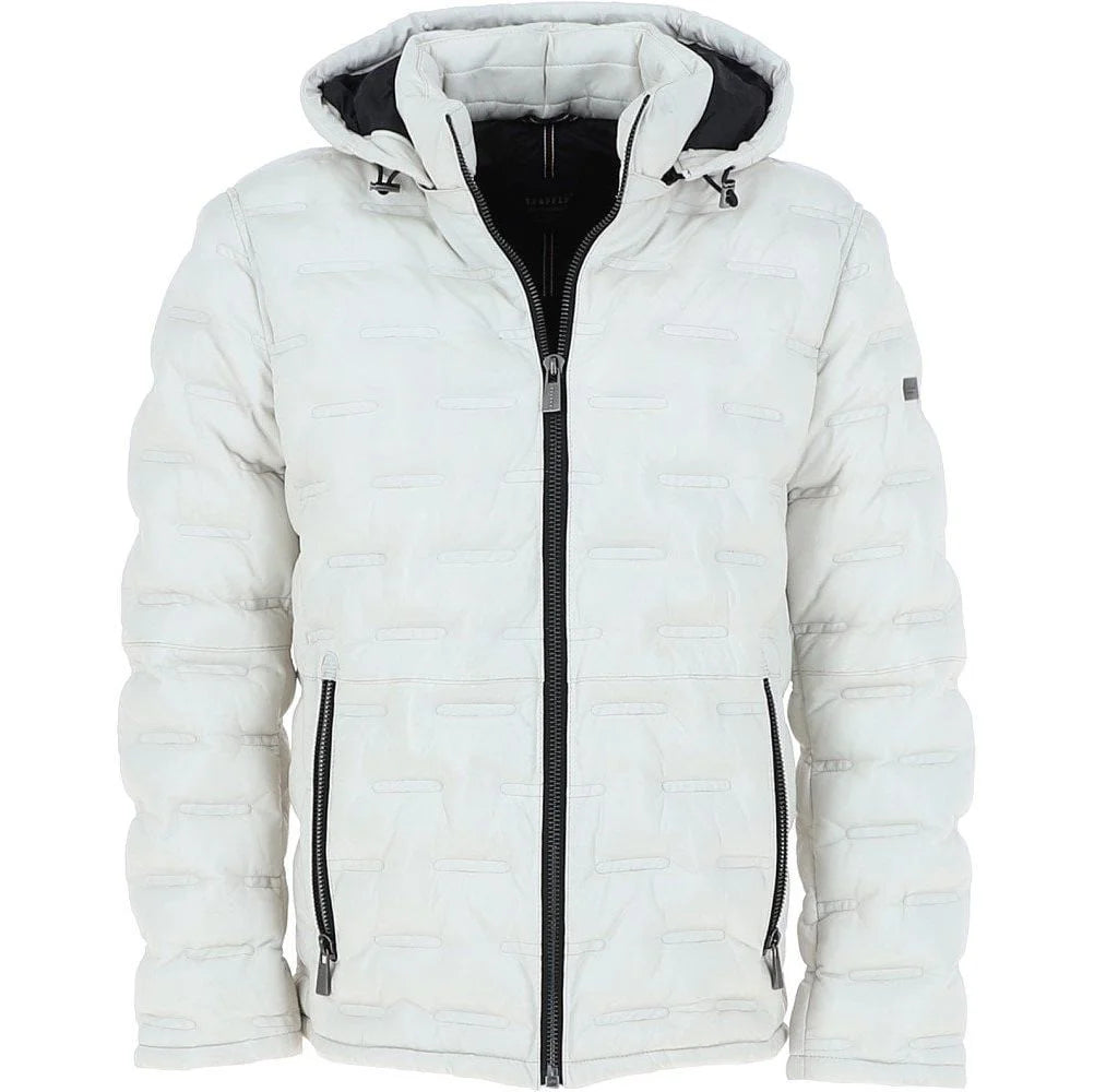 Men's White Quilted Leather Hooded Jacket