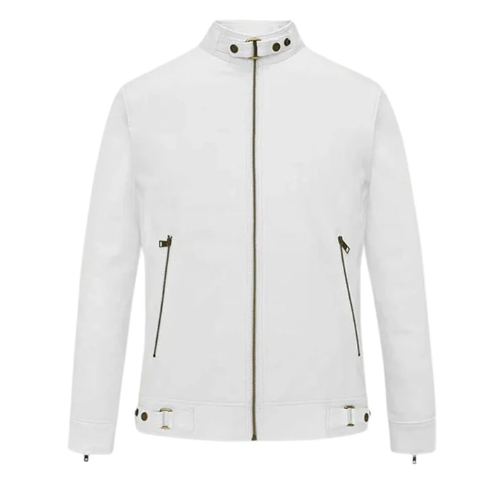 Men’s White Snap-Tab Collar Leather Jacket