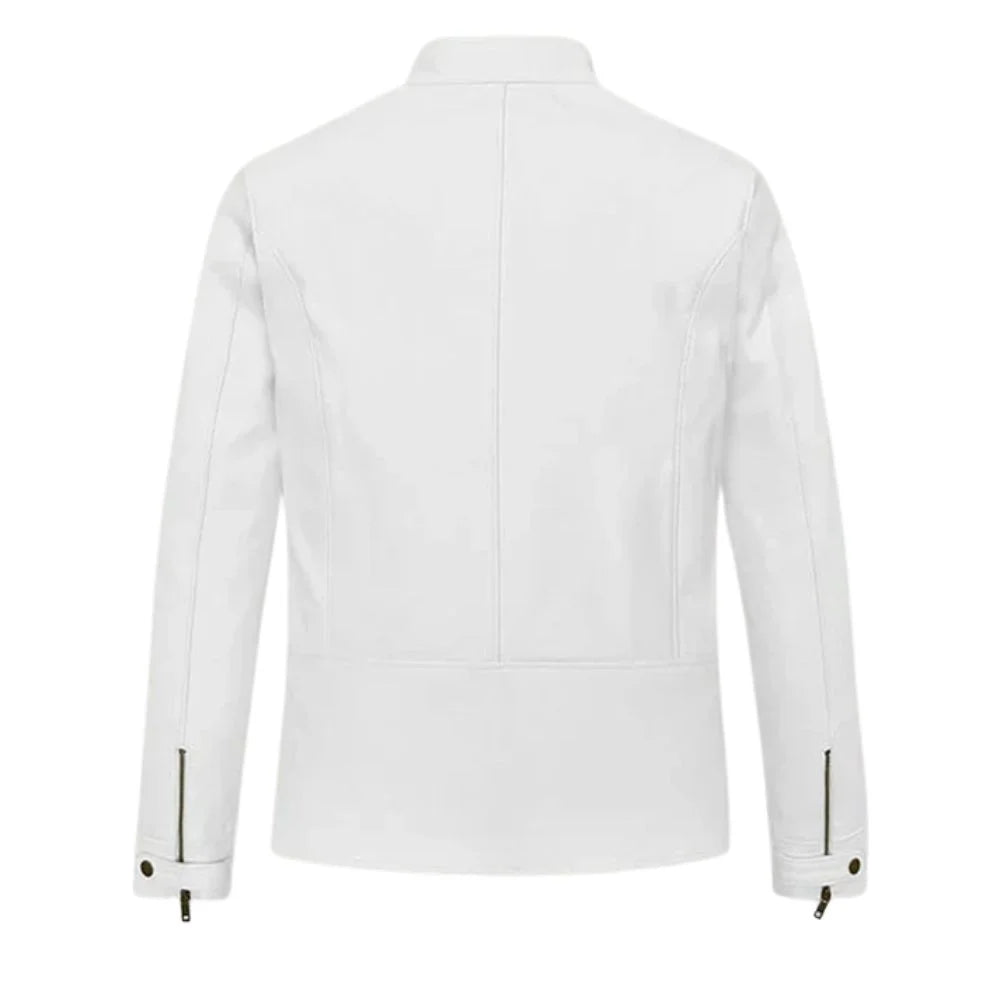 Men’s White Snap-Tab Collar Leather Jacket