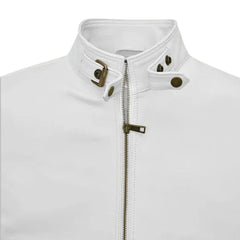 Men’s White Snap-Tab Collar Leather Jacket