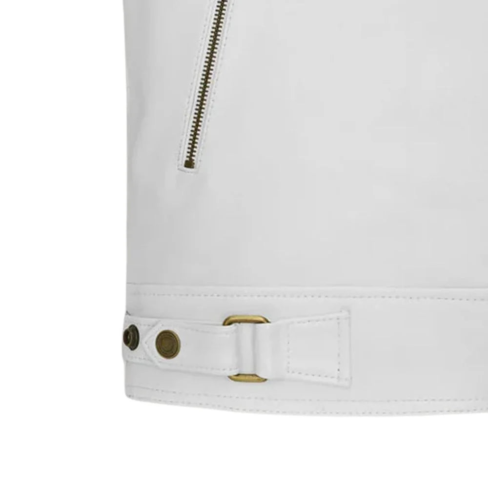 Men’s White Snap-Tab Collar Leather Jacket