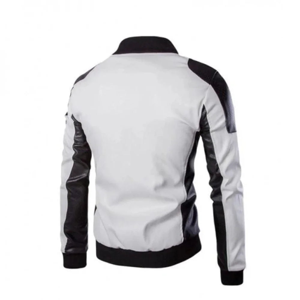 Men's White and Black Slim Fit Leather Jacket