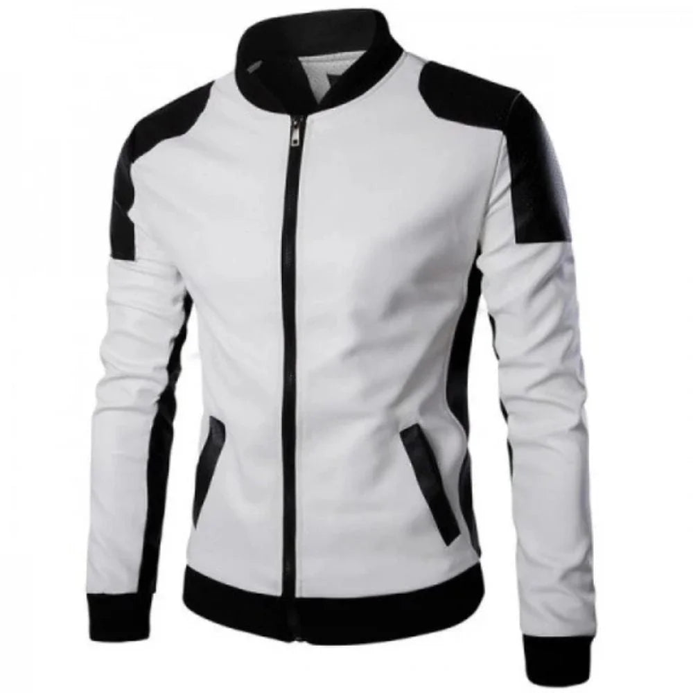 Men's White and Black Slim Fit Leather Jacket
