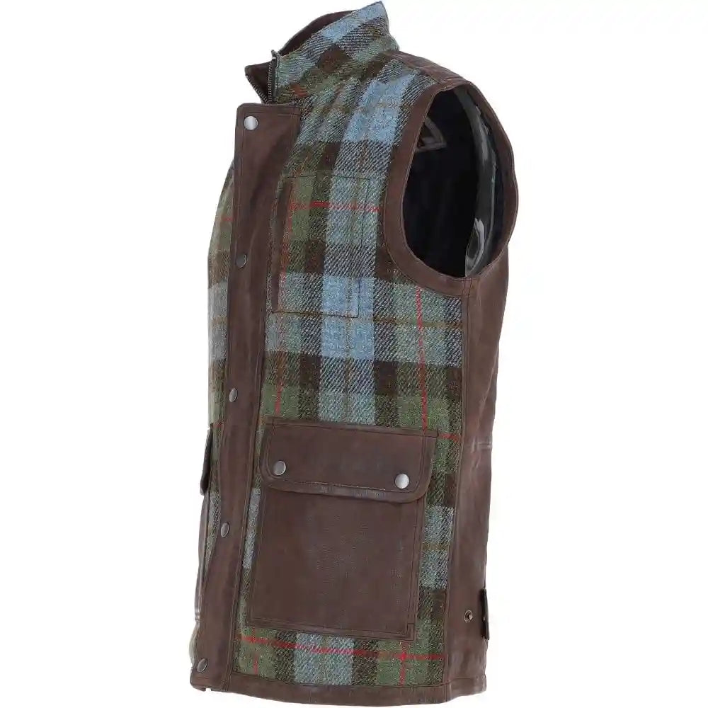 Men's Wool Plaid and Leather Trimmed Sleeveless Vest
