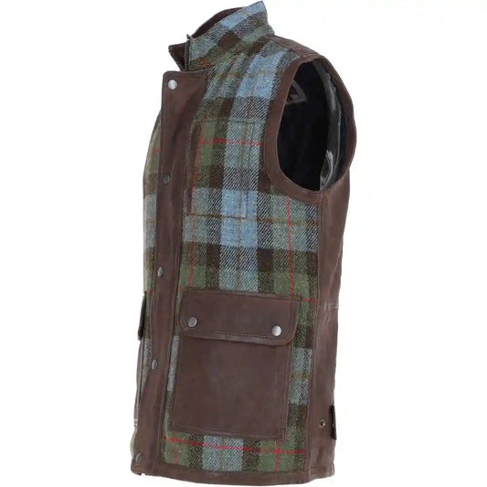 Men's Wool Plaid and Leather Trimmed Sleeveless Vest