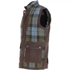 Men's Wool Plaid and Leather Trimmed Sleeveless Vest