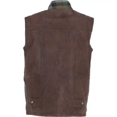 Men's Wool Plaid and Leather Trimmed Sleeveless Vest