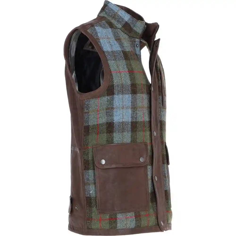 Men's Wool Plaid and Leather Trimmed Sleeveless Vest
