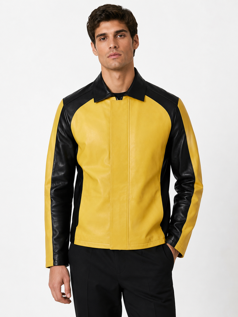 Men’s Yellow and Black Color Block Leather Jacket