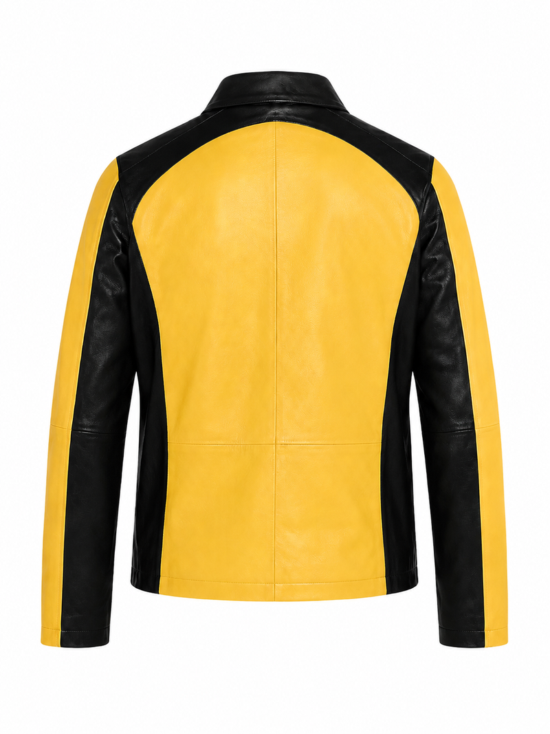 Men’s Yellow and Black Color Block Leather Jacket