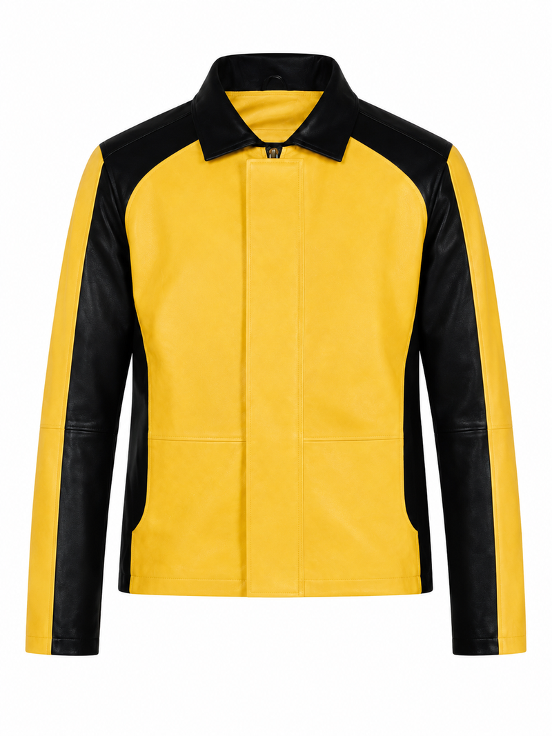 Men’s Yellow and Black Color Block Leather Jacket