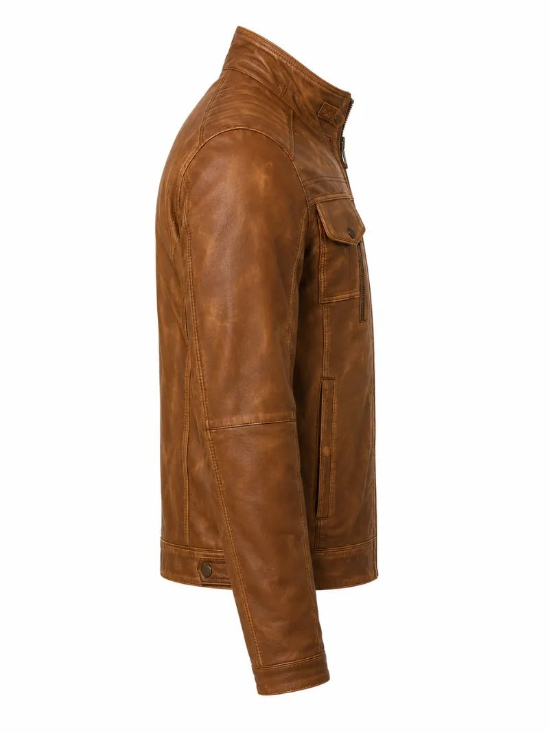 Men's Zipper Tan Vintage Style Leather Jacket, back view