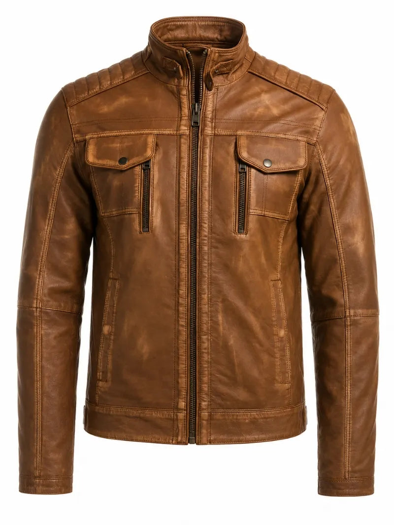 Men's Zipper Tan Vintage Style Leather Jacket, front view