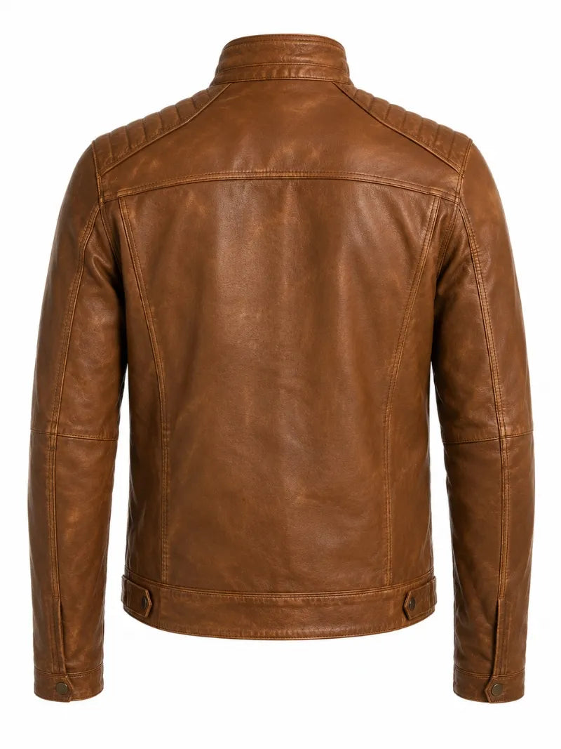 Men's Zipper Tan Vintage Style Leather Jacket, collar detail