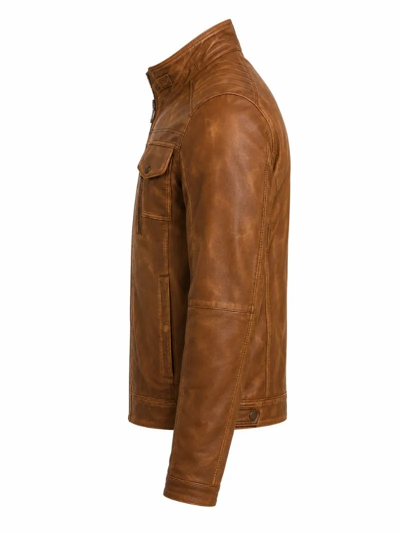Men's Zipper Tan Vintage Style Leather Jacket, side view