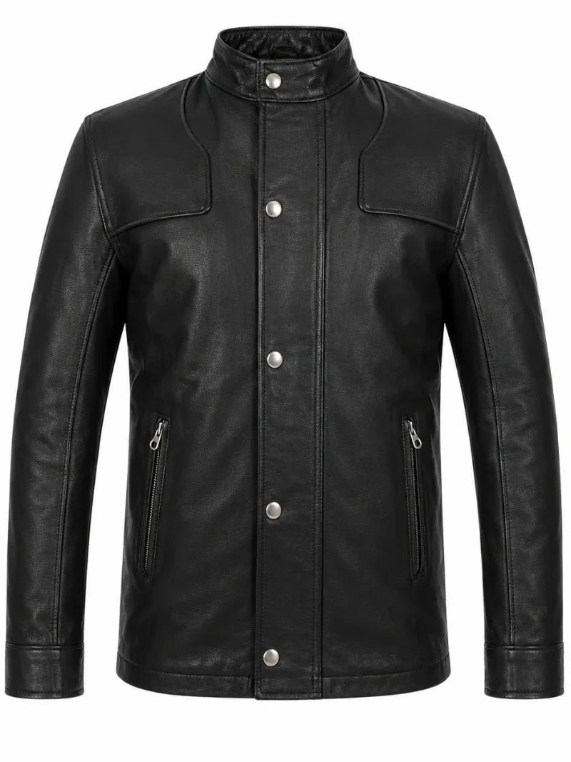 Men’s Black Band Collar Leather Jacket Front 