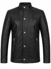 Men’s Black Band Collar Leather Jacket Front 