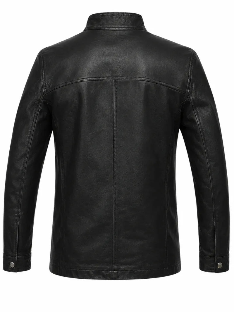 Men’s Black Band Collar Leather Jacket Back 