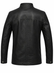 Men’s Black Band Collar Leather Jacket Back 