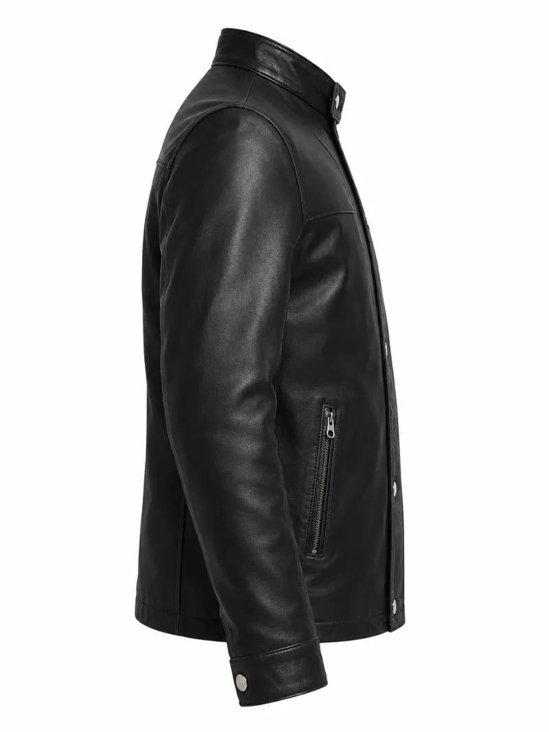 Men’s Black Band Collar Leather Jacket Right 