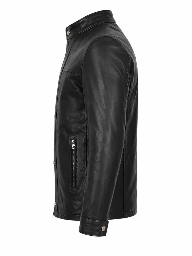 Men’s Black Band Collar Leather Jacket Left 