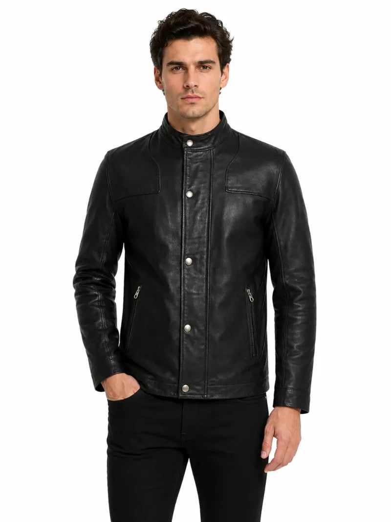 Men’s Black Band Collar Leather Jacket Full