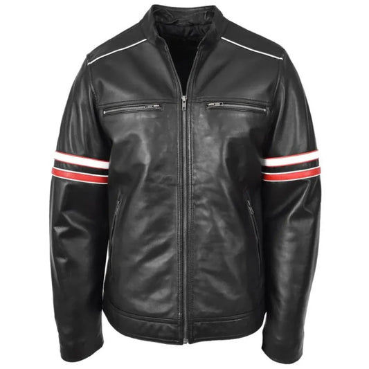 Men’s Black Biker Red Stripes Leather Jacket