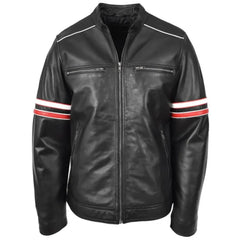 Men’s Black Biker Red Stripes Leather Jacket