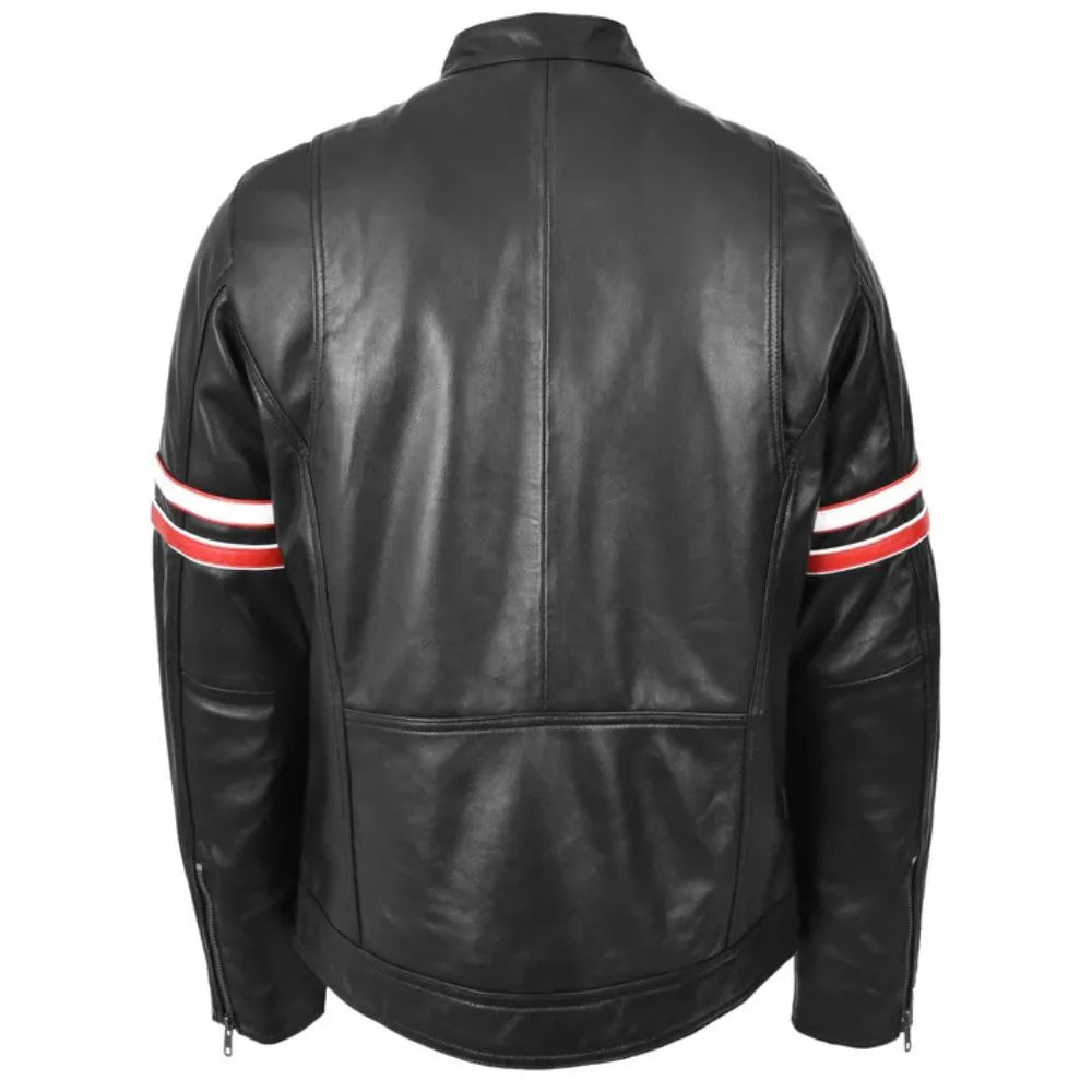 Men’s Black Biker Red Stripes Leather Jacket