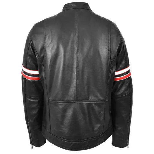 Men’s Black Biker Red Stripes Leather Jacket