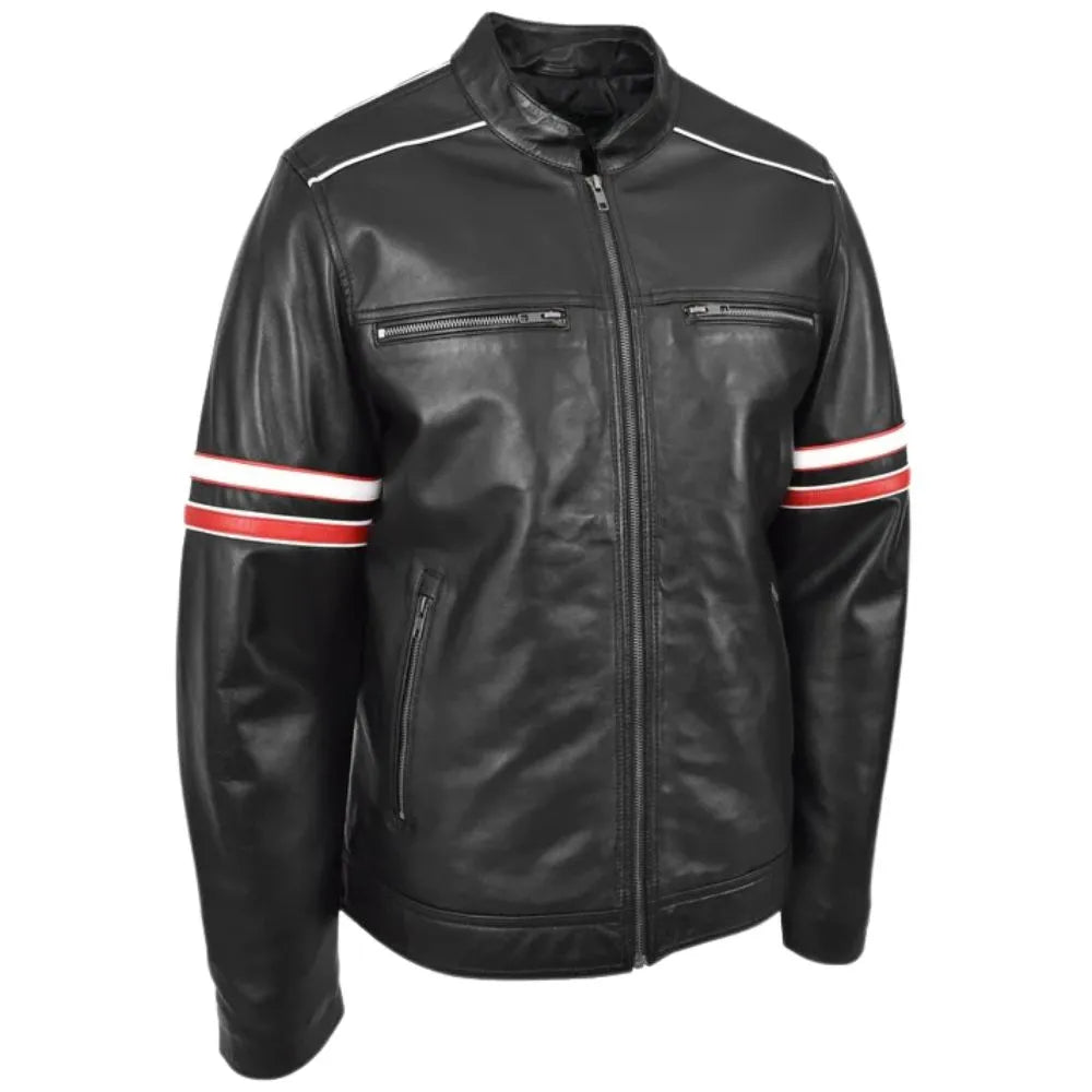Men’s Black Biker Red Stripes Leather Jacket