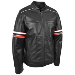 Men’s Black Biker Red Stripes Leather Jacket