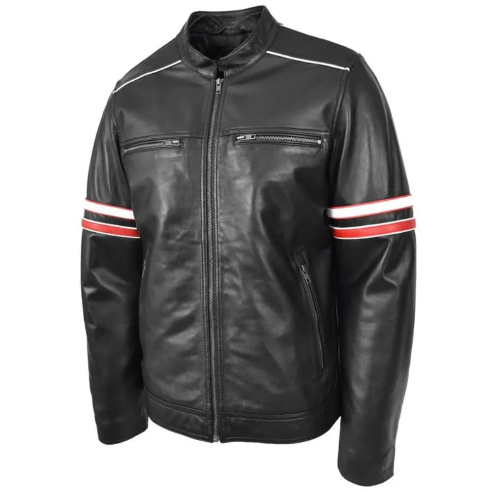 Men’s Black Biker Red Stripes Leather Jacket