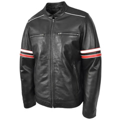 Men’s Black Biker Red Stripes Leather Jacket