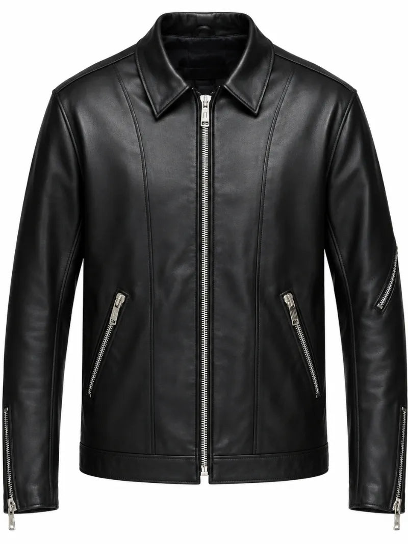 Men’s Black Classic Leather Jacket Front 