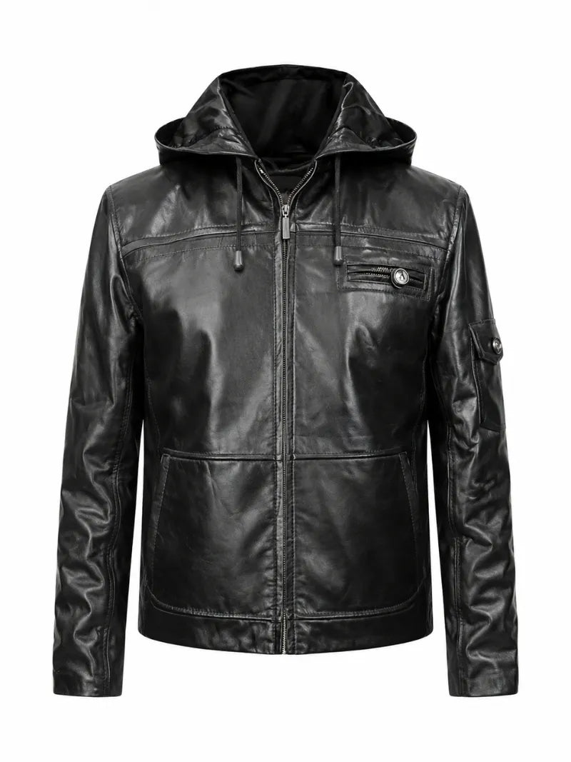 Men’s Black Hooded Zipper Leather Jacket Front 