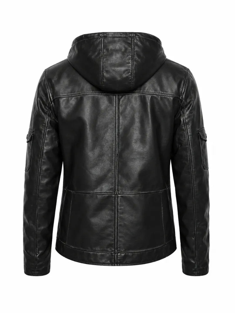 Men’s Black Hooded Zipper Leather Jacket Back 