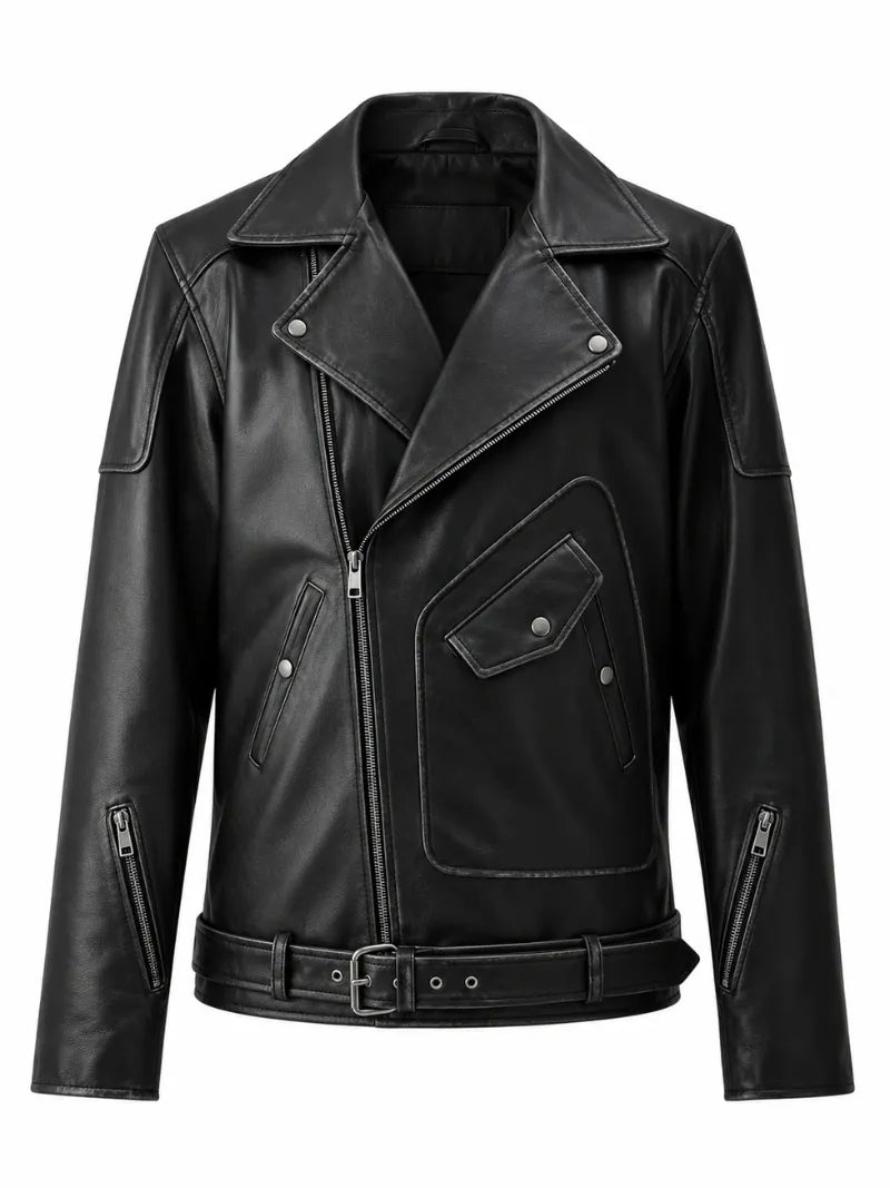 Men’s Black Lace-Up Belted Leather Jacket Front 