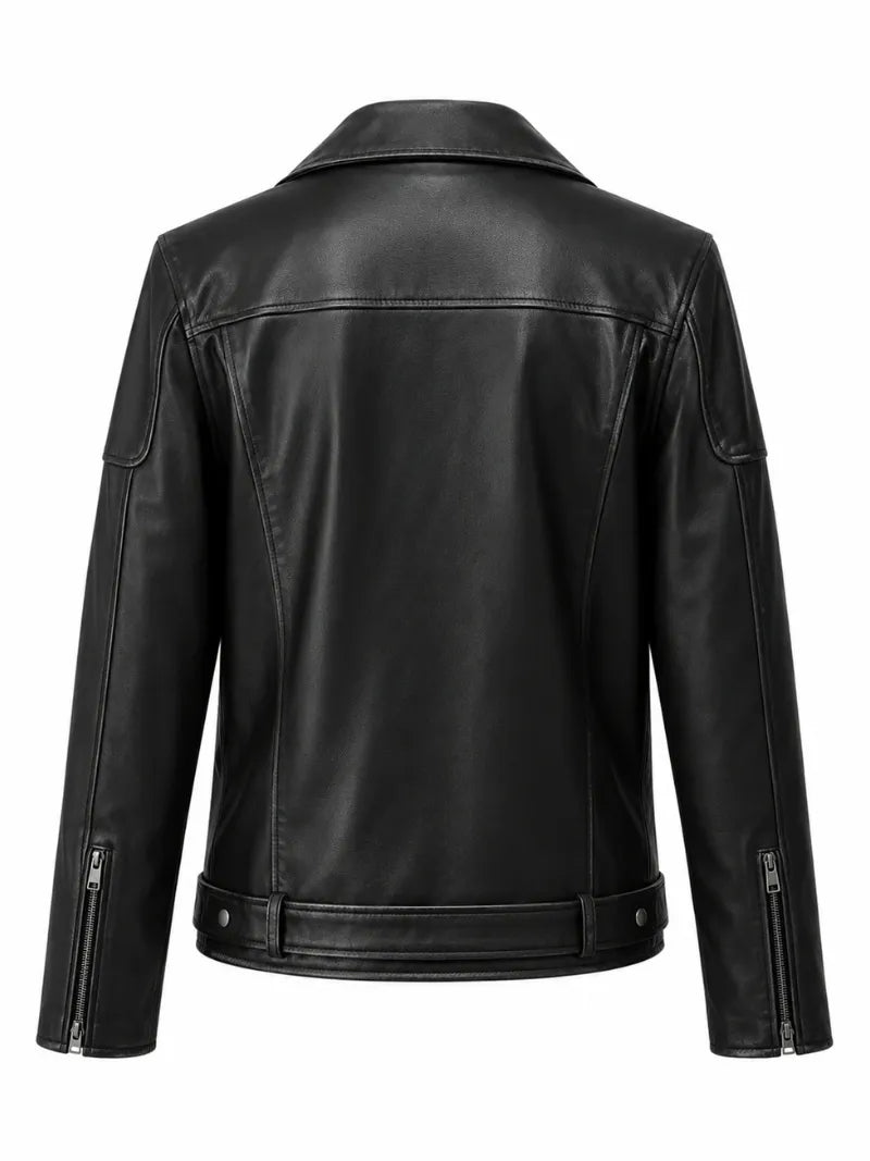 Men’s Black Lace-Up Belted Leather Jacket Back 